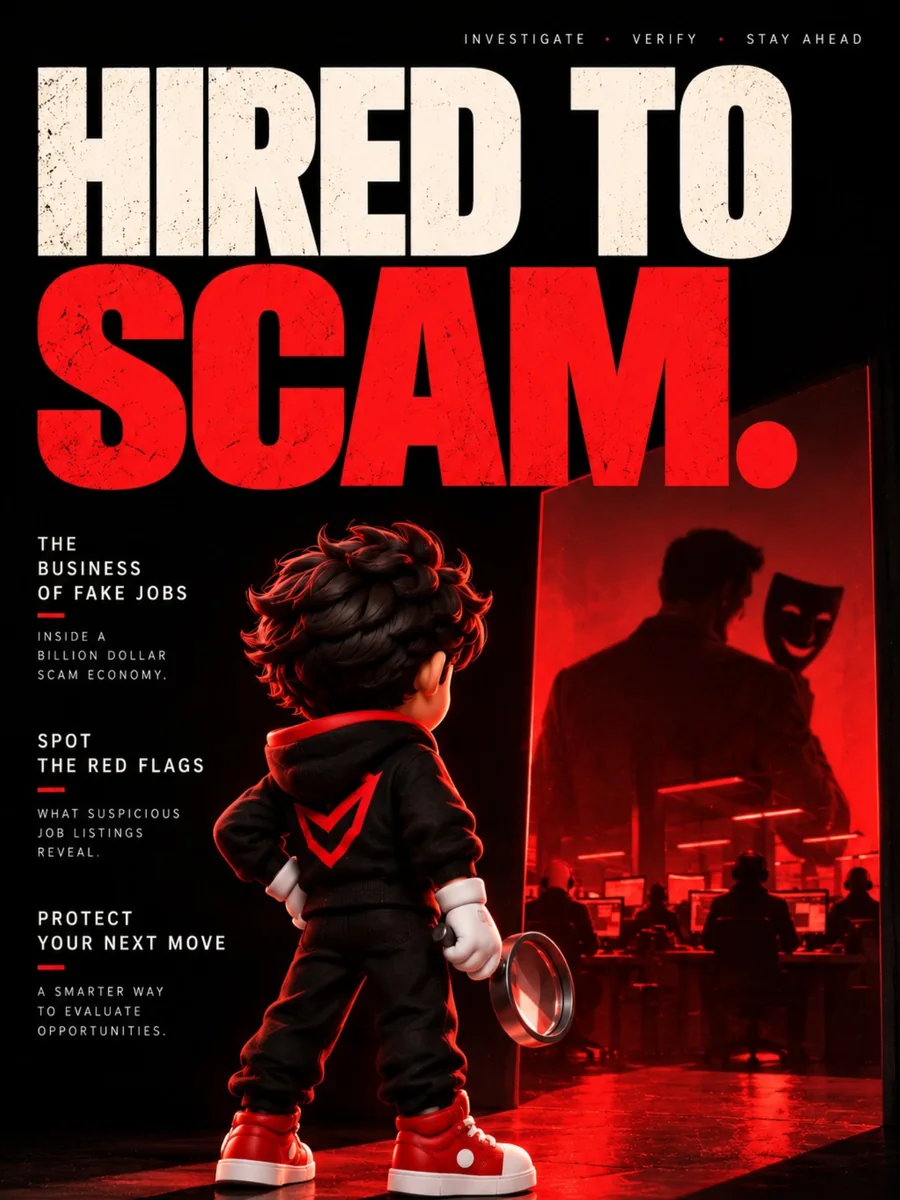 Cover of The Barrier Magazine, Vol. 1, No. 1: Hired to Scam. Rook, The Barrier's mascot, magnifying glass in hand, faces a glass wall; behind it a man holds a smiling mask over a dark office of people at computers. Cover lines: The business of fake jobs; Spot the red flags; Protect your next move.