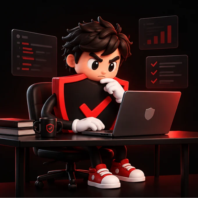 The Barrier mascot, typing at his laptop